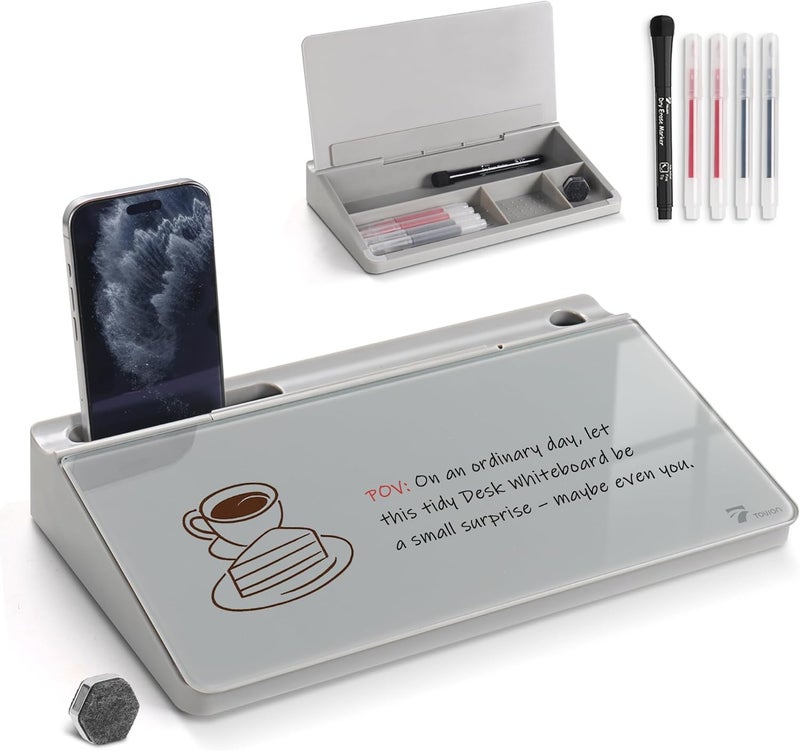 TOWON Small Compact Glass Desktop Whiteboard with Storage – 12 x 7 in Dry Erase Board for Desk, Home Office, School | Includes 5 Markers, Eraser & Holder | Space-Saving Organizer, Aesthetic Gray - Image 1